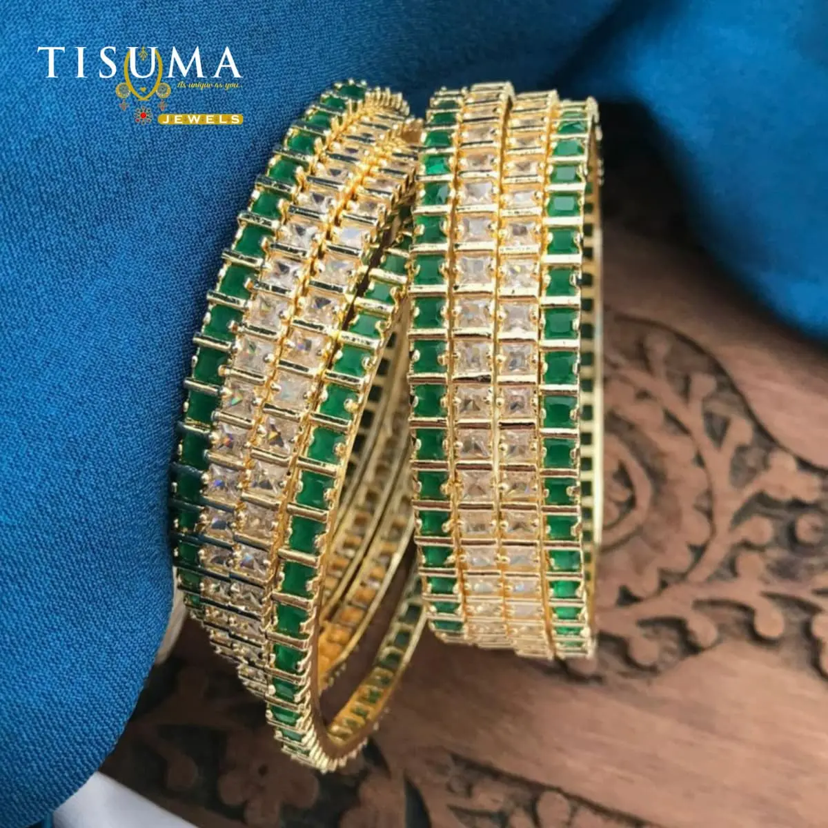 Princess Cut Emerald White AD Bangles